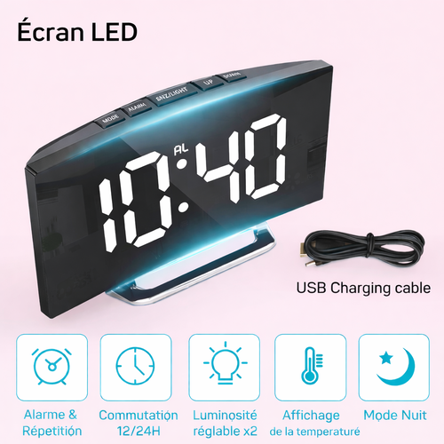 Réveil électronique silencieux à grand affichage – Écran miroir LED