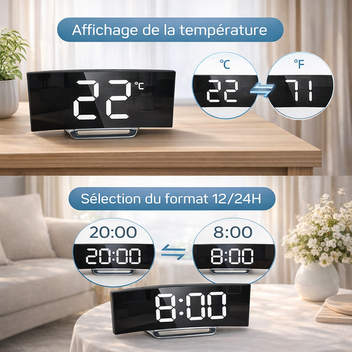 Réveil électronique silencieux à grand affichage – Écran miroir LED