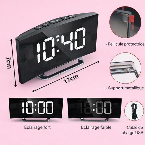 Réveil électronique silencieux à grand affichage – Écran miroir LED