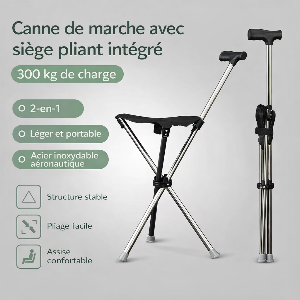 Canne de marche avec siège pliant intégré – Appui stable et assise portable pour seniors