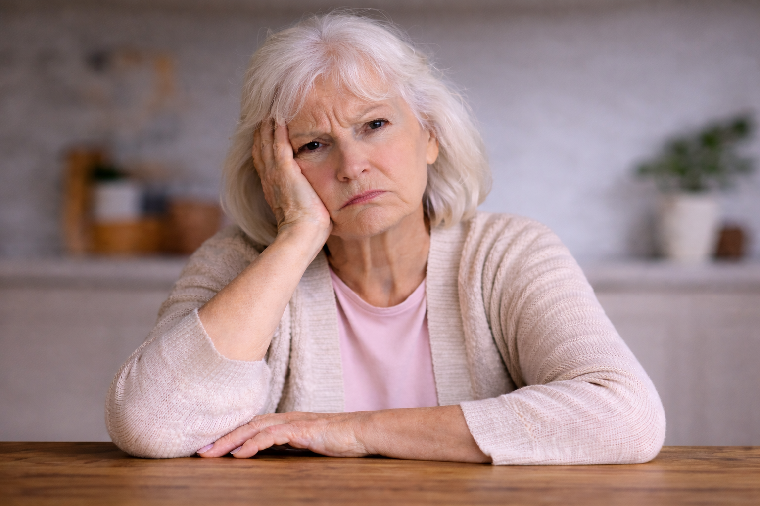 Femme âgée assise à une table, l’air fatigué et préoccupé, illustrant un sentiment d’inconfort au quotidien.