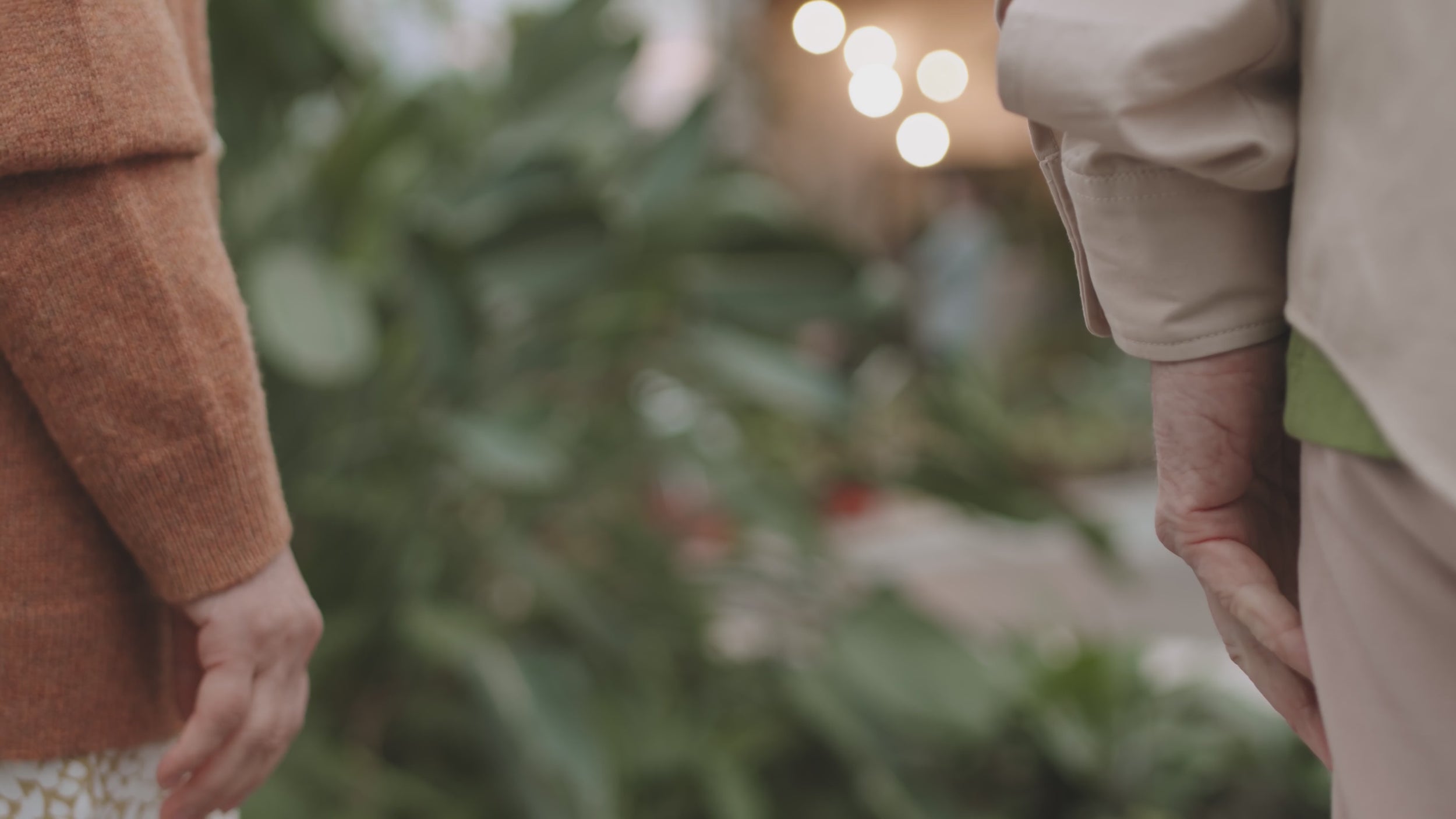 Un couple âgé se tenant la main dans un moment de tendresse, avec des lumières floues et de la verdure en arrière-plan.